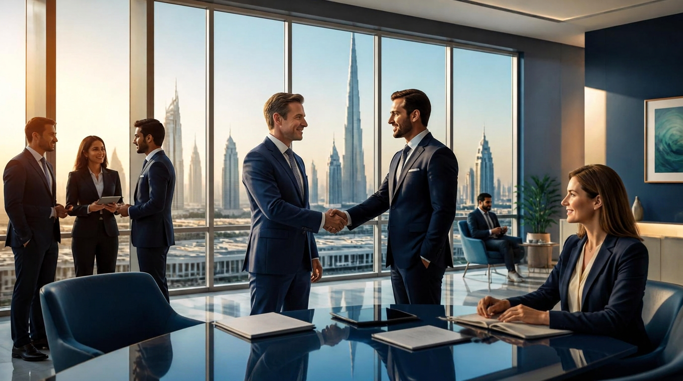 Business professionals meeting in a modern Dubai office